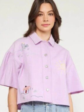 entro Light Purple Embroidered denim Cropped Short Sleeve Shacket Small